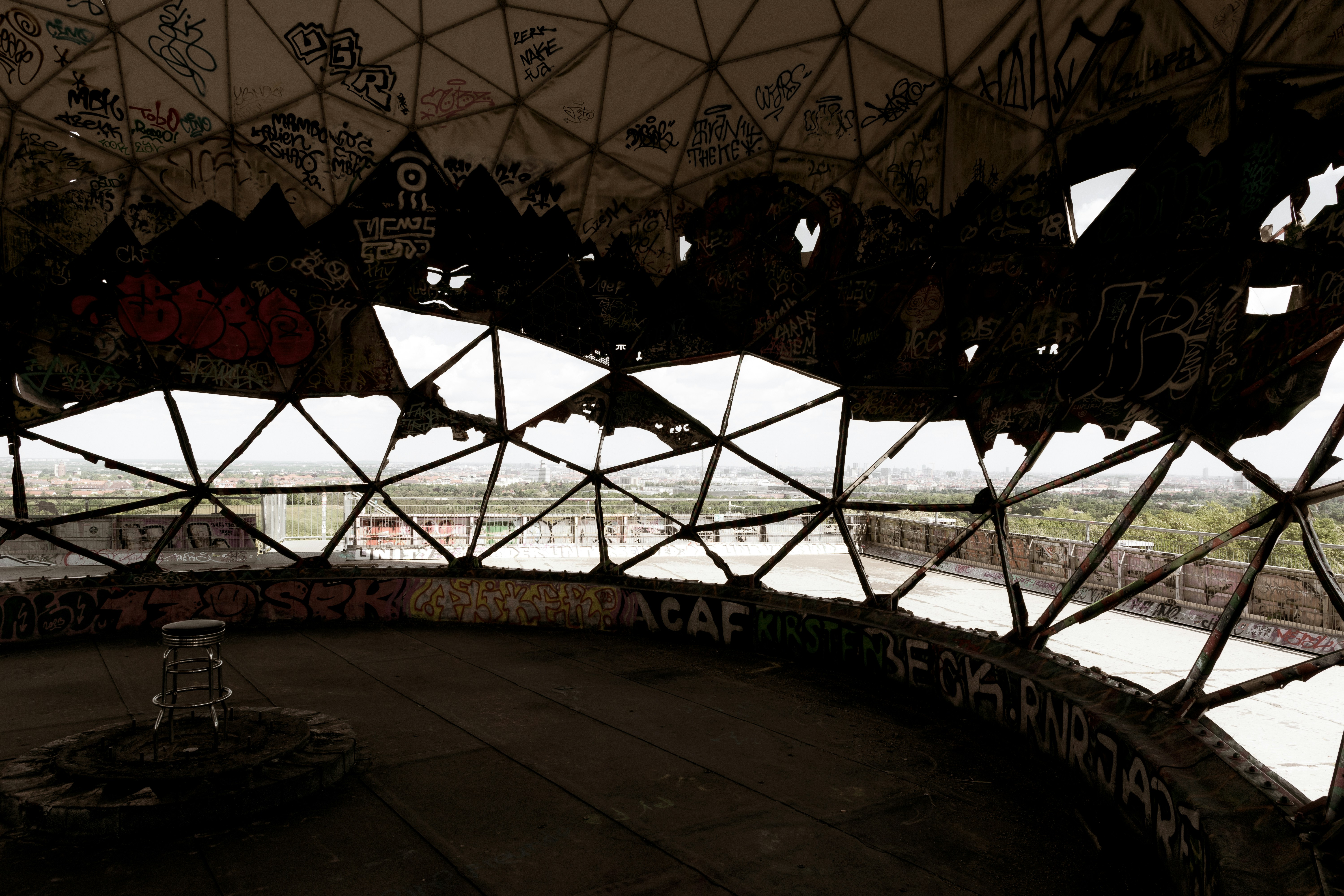 Inside of an abandoned geodesic dome.