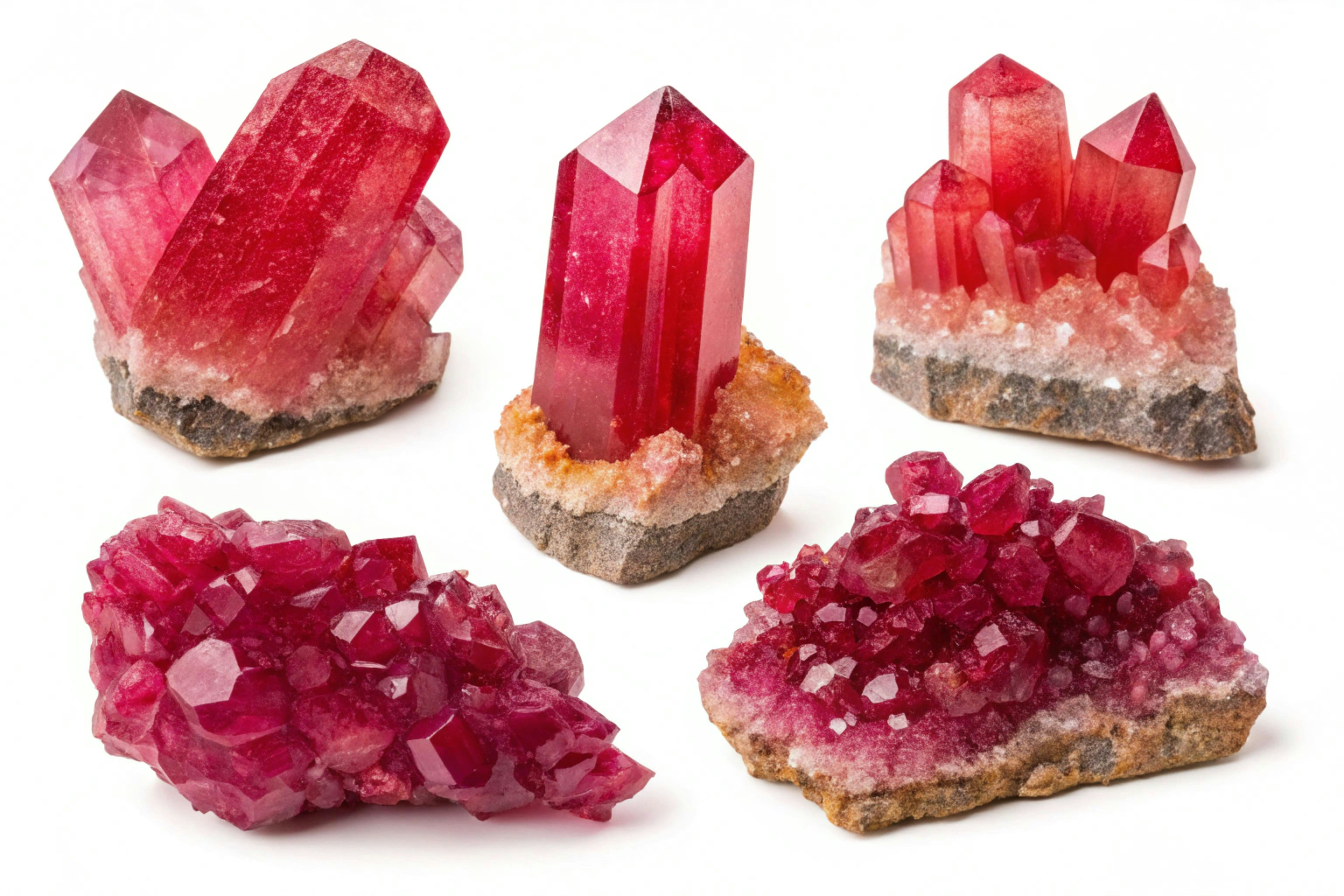 Red quartz crystals are pictured on white.