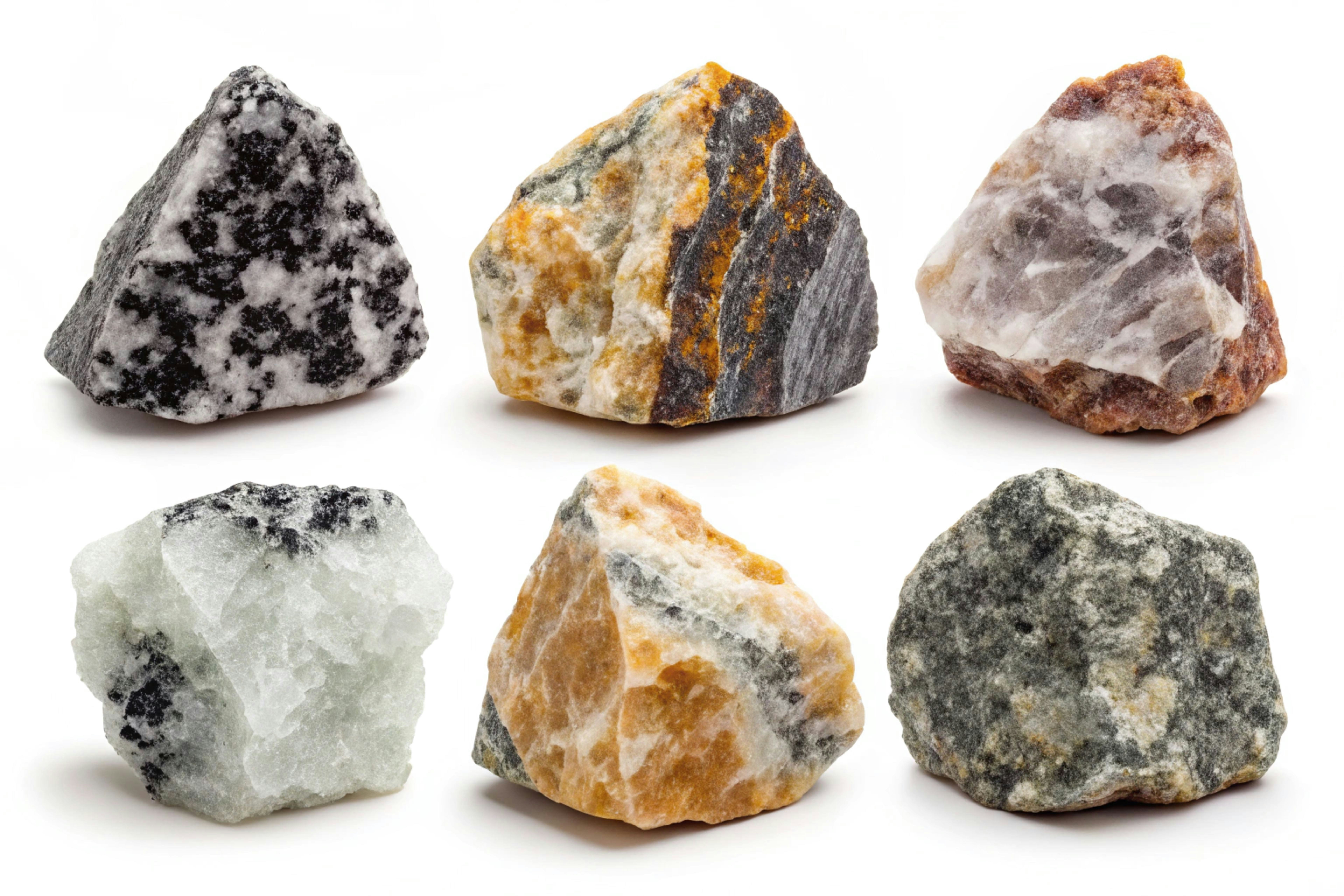 Here's a caption for the image: six different rocks are displayed.