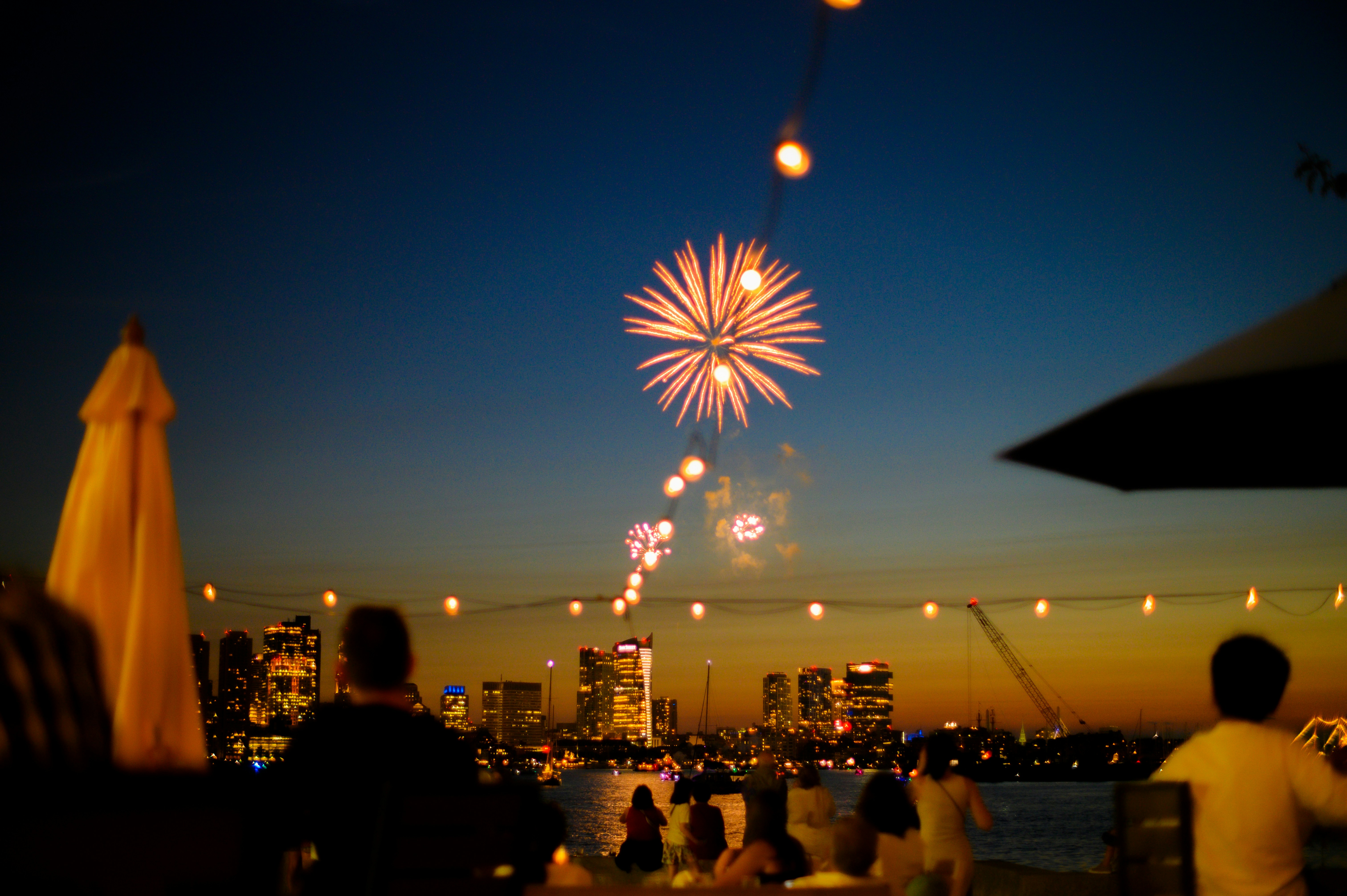 Fireworks light up the sky above a city.
