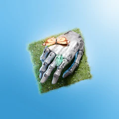 A butterfly rests on a mechanical hand.