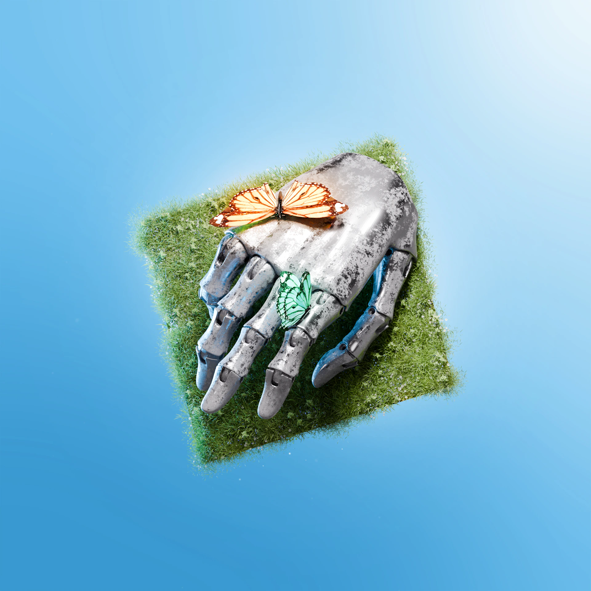 A butterfly rests on a mechanical hand.