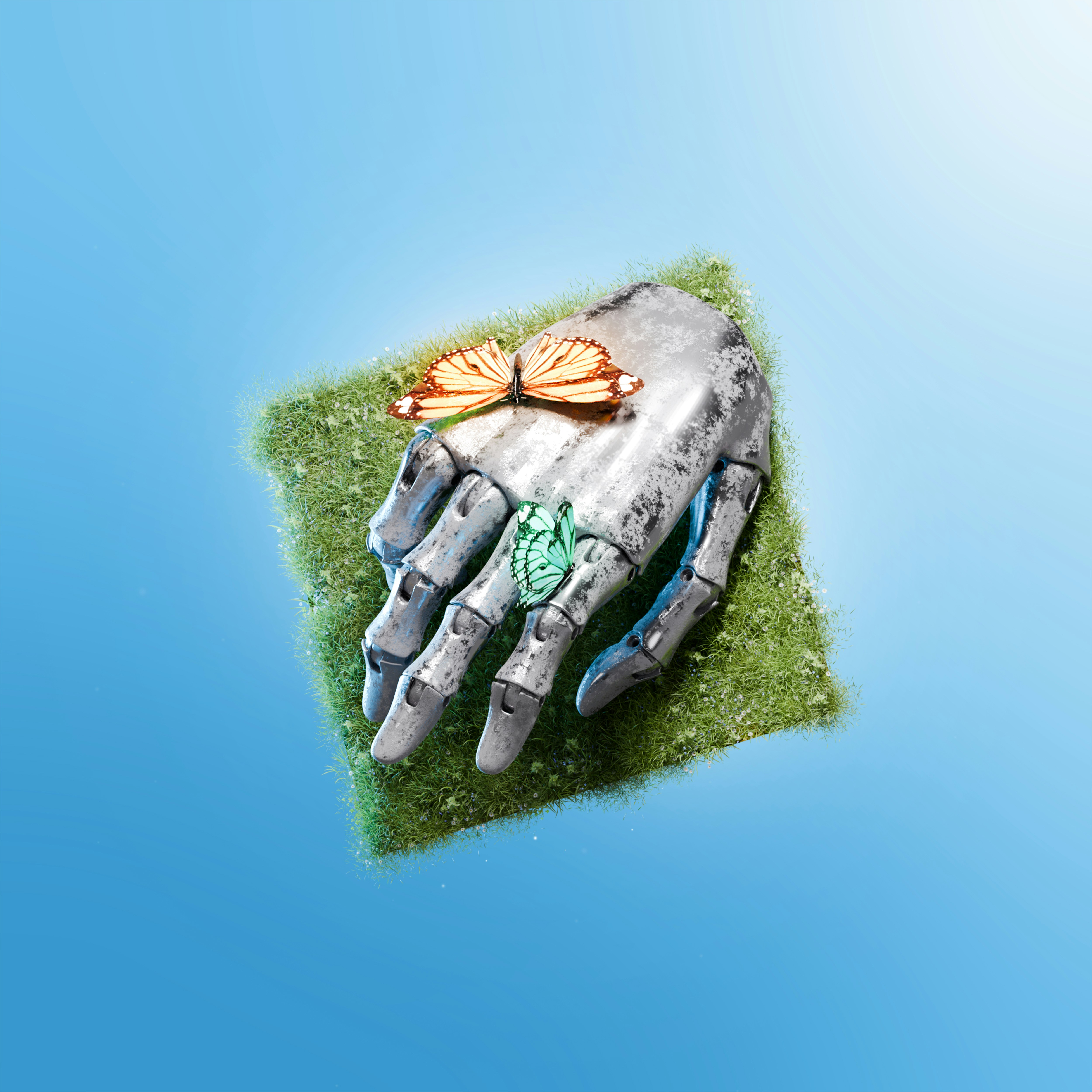 A beautiful 3D conceptual artwork depicting a weathered robotic hand lying on a patch of grass, gently hosting two delicate butterflies. This image symbolizes the harmony between technology and nature, artificial intelligence and life, or the quiet potential of post-human serenity. Perfect for editorial visuals, AI discussions, environmental technology branding, sustainability campaigns, or digital art collections with an emotional or futuristic theme.