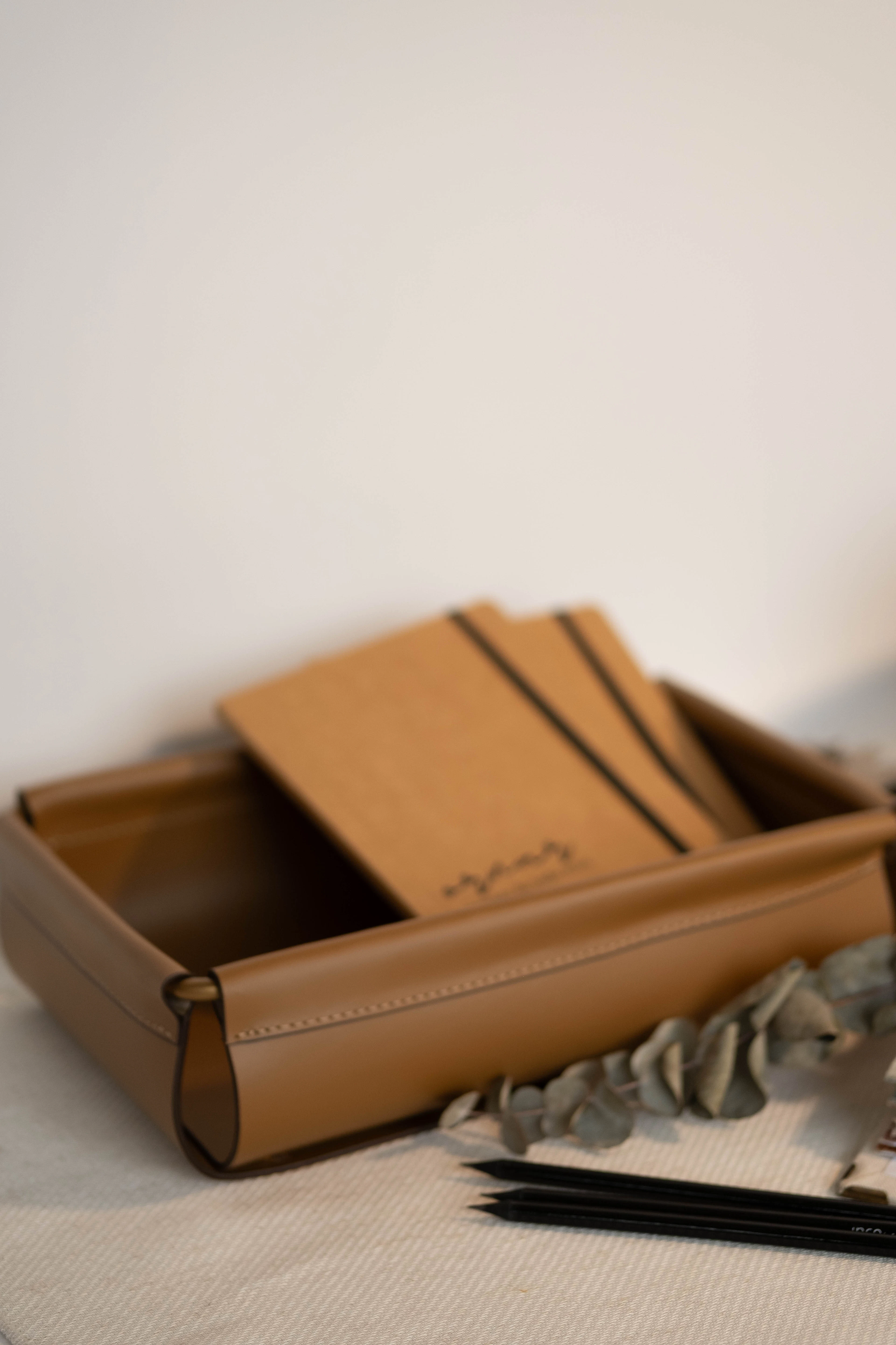 Tan leather tray holding notebooks