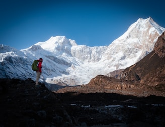 Hiker enjoys a scenic view of a snow-capped mountain.