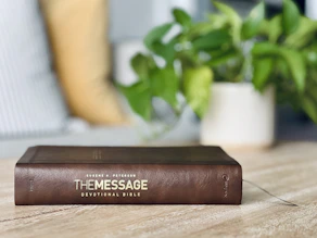 The bible is on a table, next to a plant.