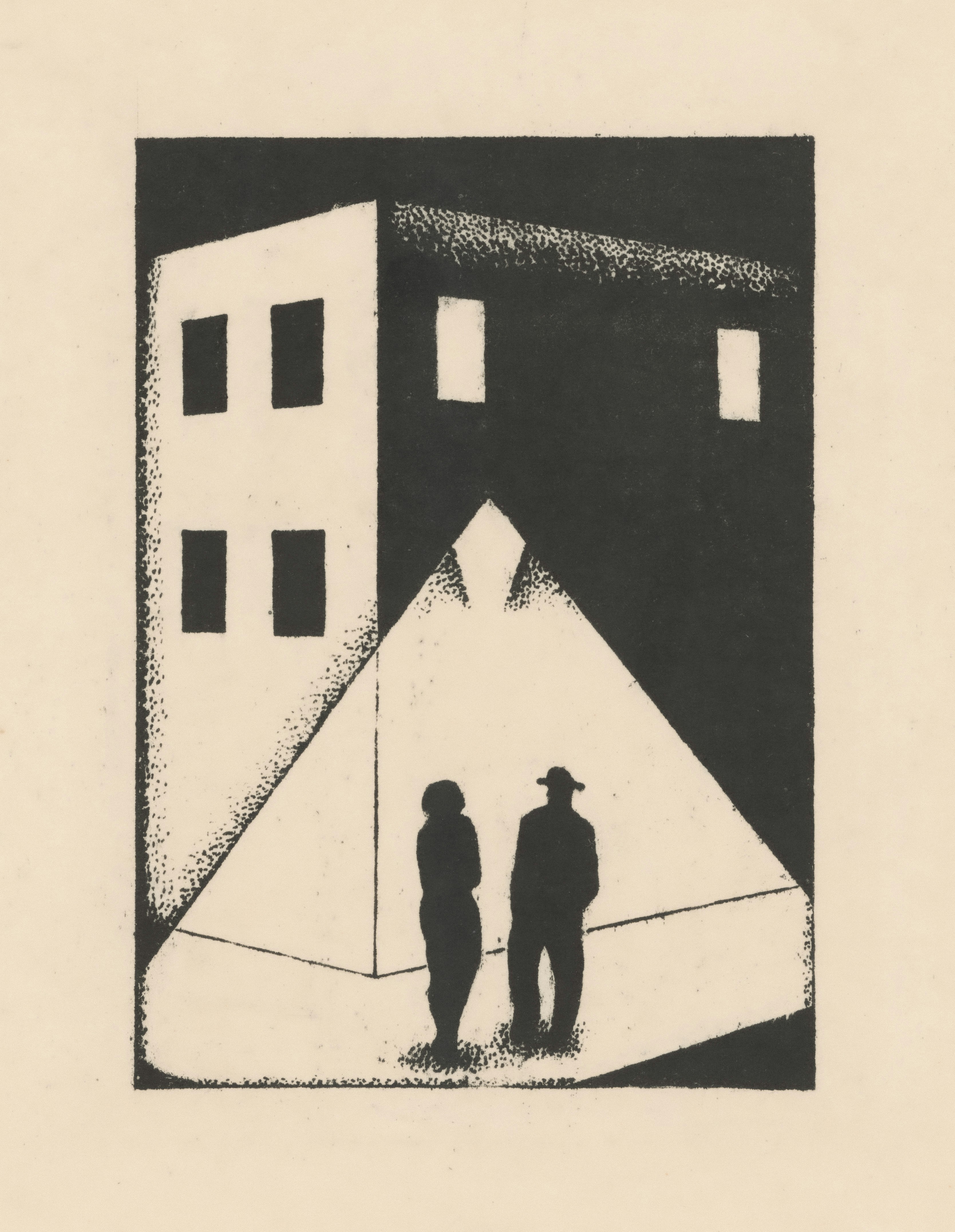 Two figures stand in a spotlight by a building.