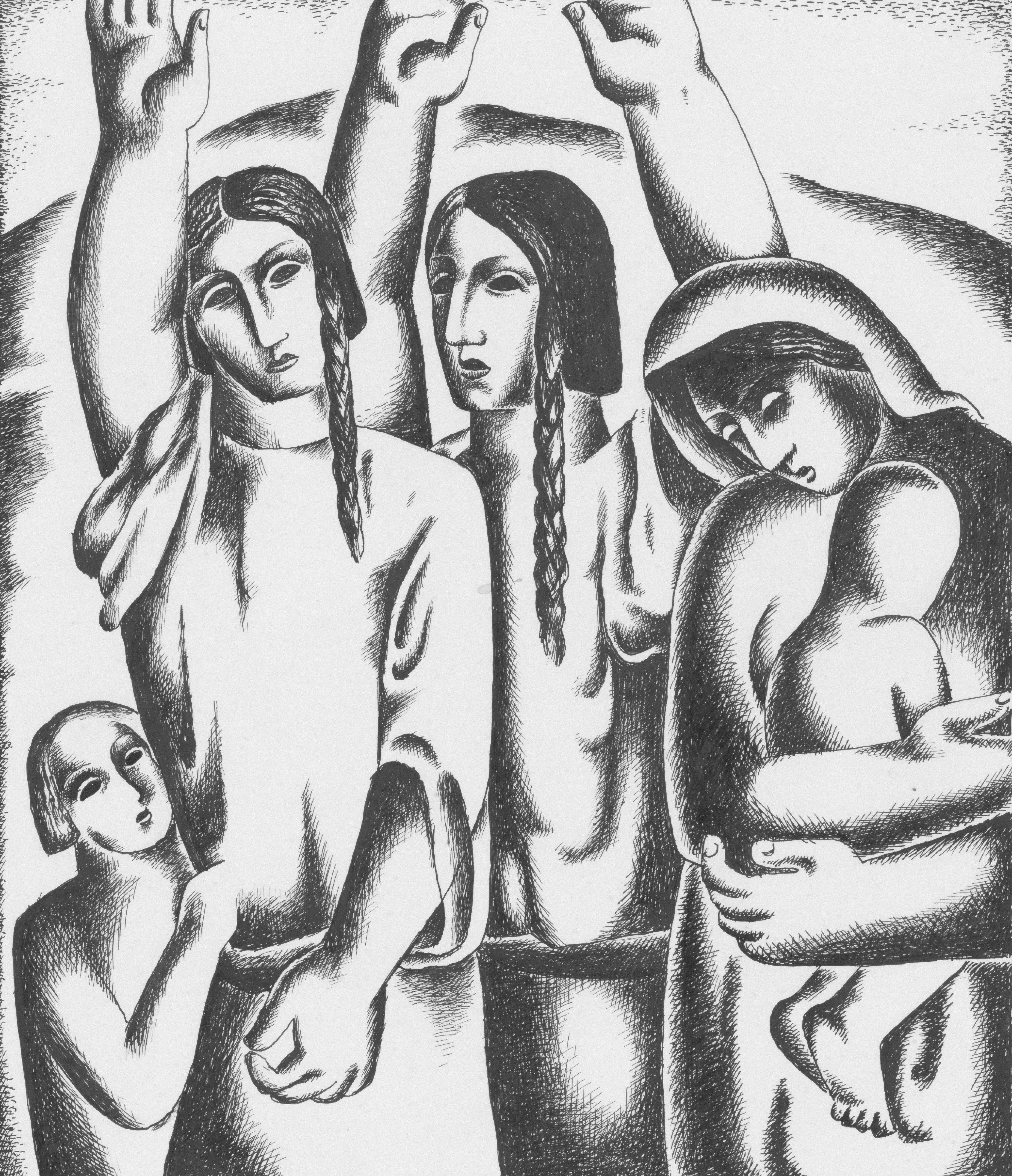 A group of women and children with raised hands.