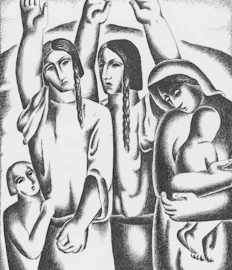 A group of women and children with raised hands.