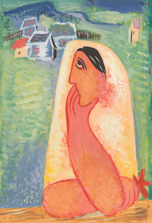Woman in traditional dress looks out at a village.