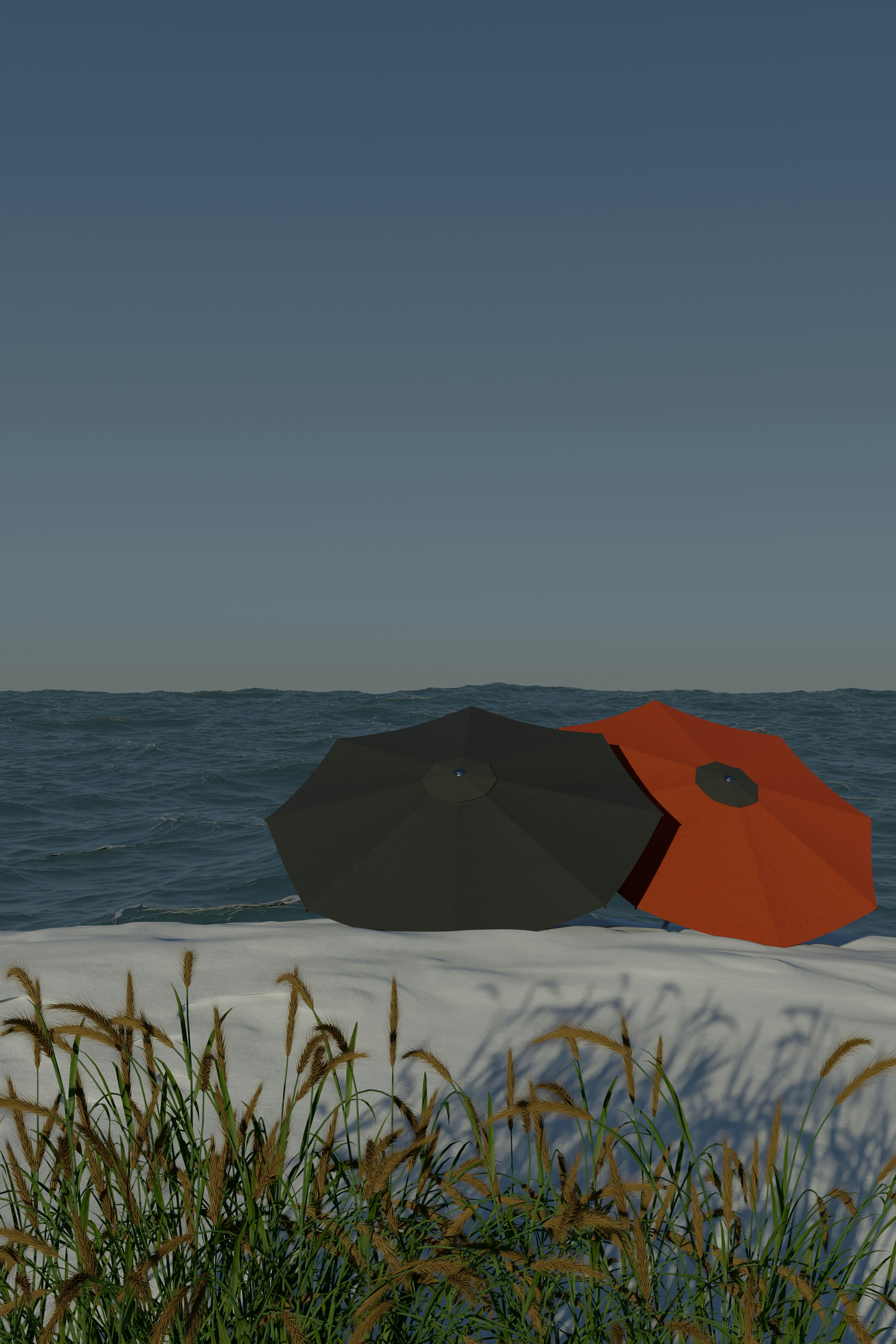 Two beach umbrellas stand on the sand.