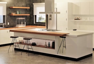 Modern kitchen with white cabinetry and an island.