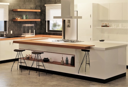 Modern kitchen with white cabinetry and an island.