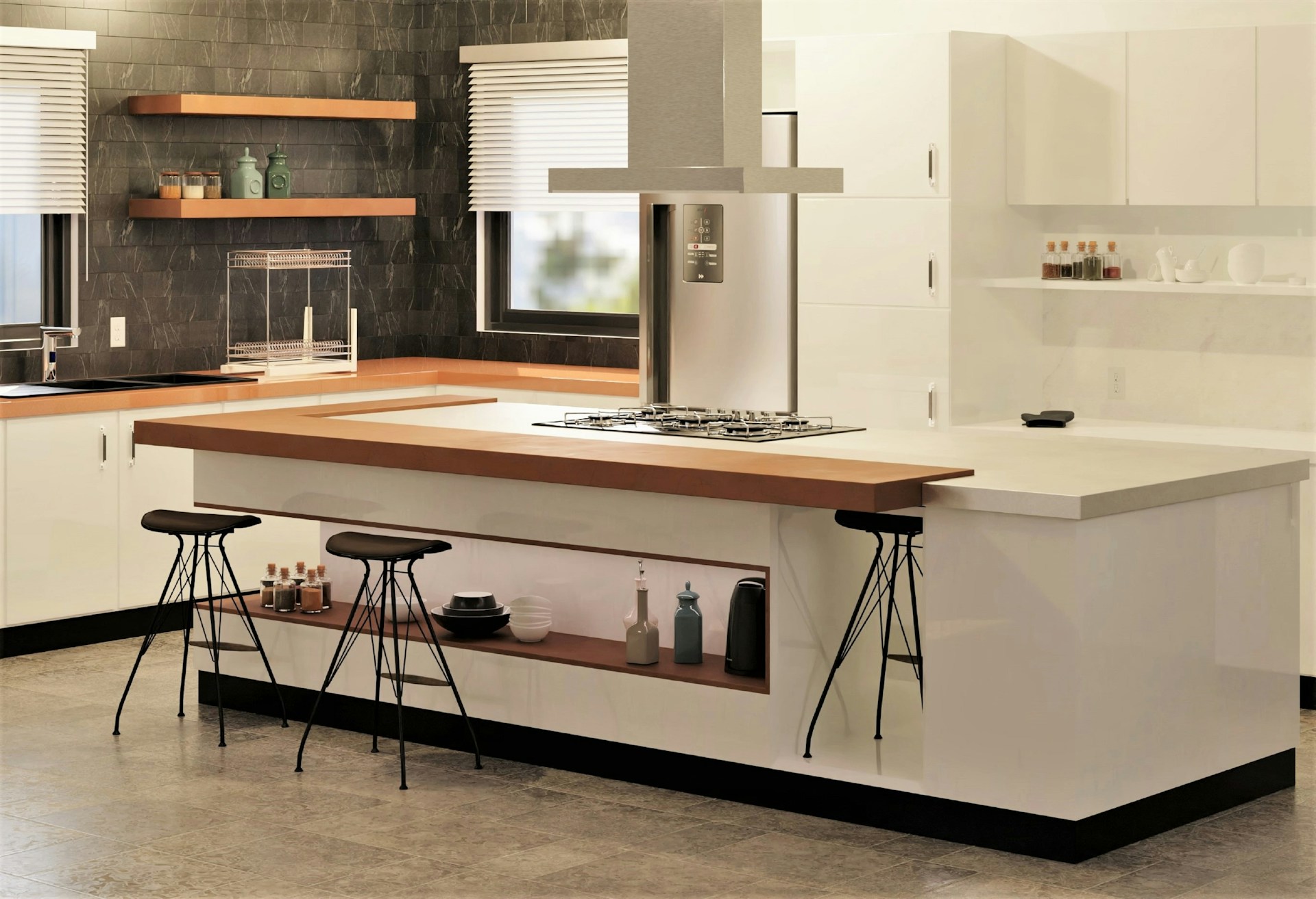 Modern kitchen with white cabinetry and an island.