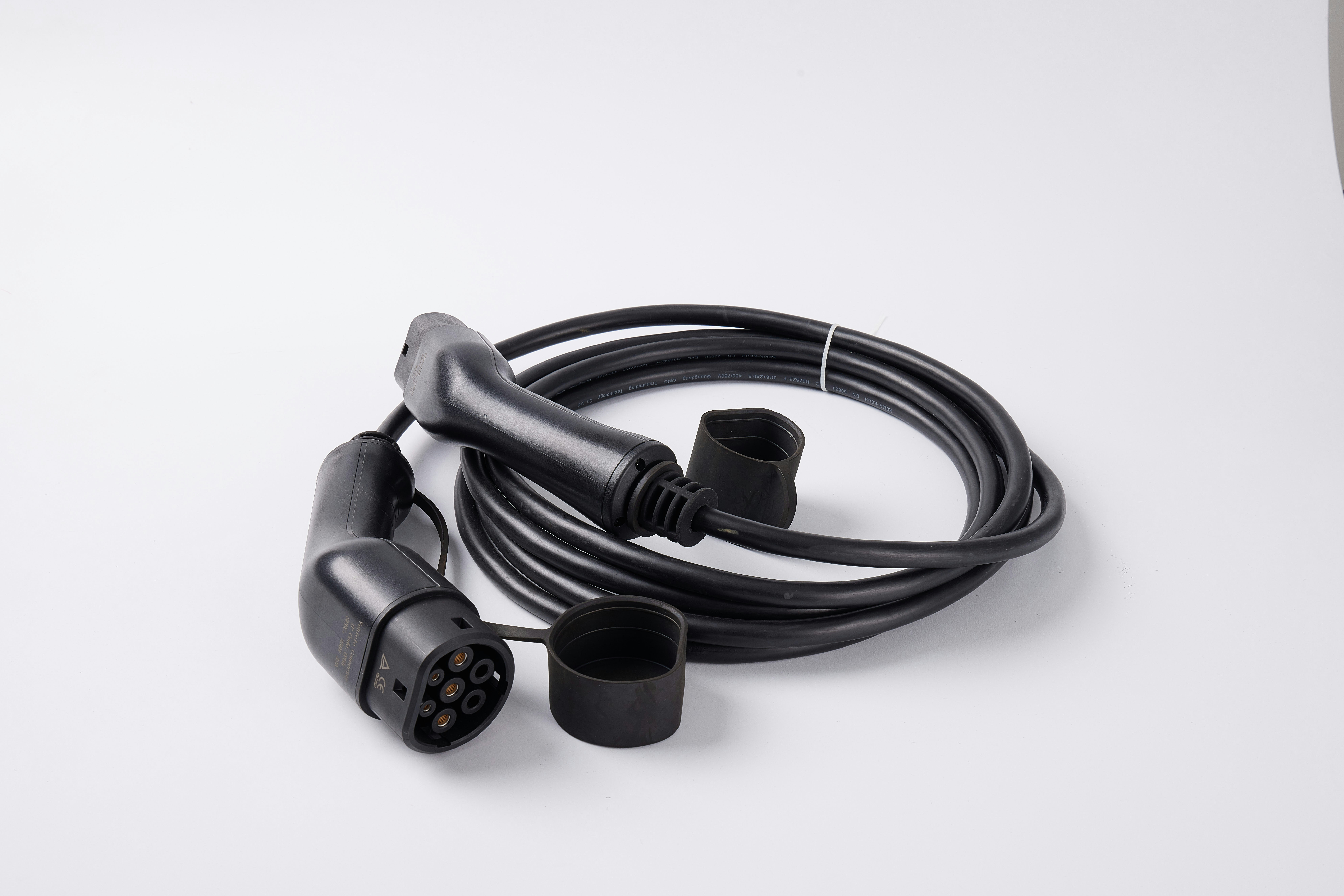 An electric vehicle charging cable is displayed on a white background.