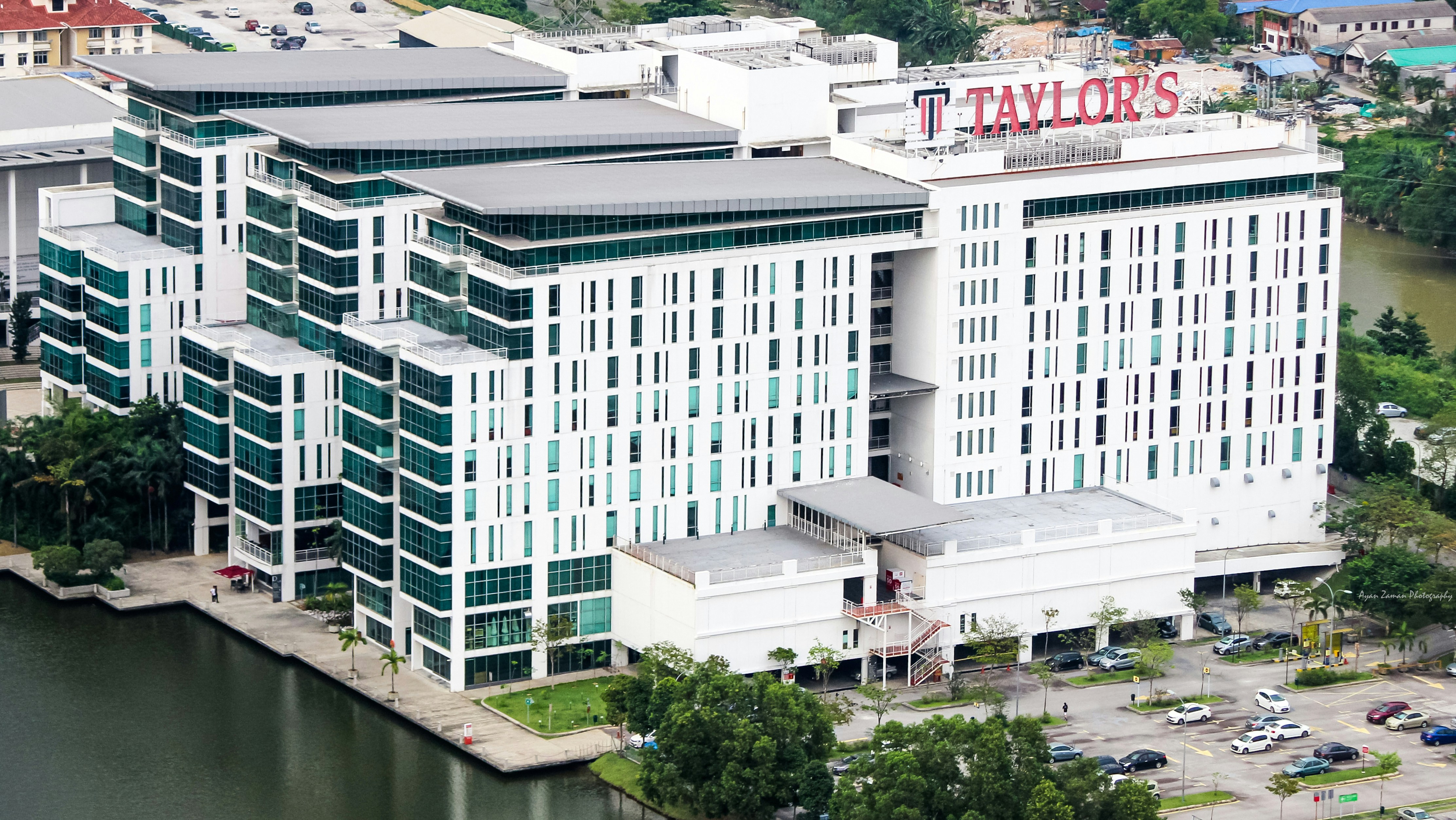 Taylor's university buildings are visible from above.