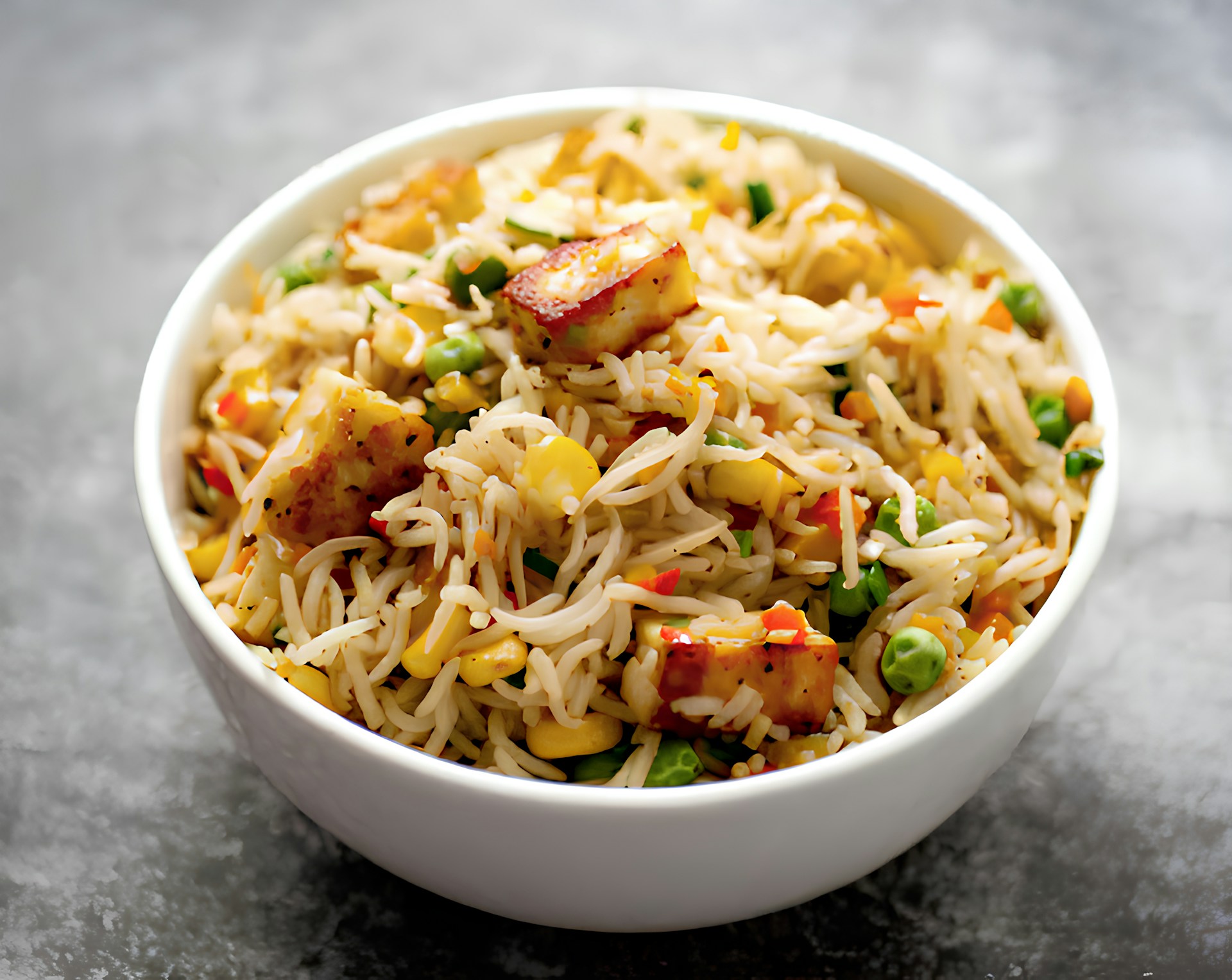 Fried rice with tofu and vegetables in a bowl.