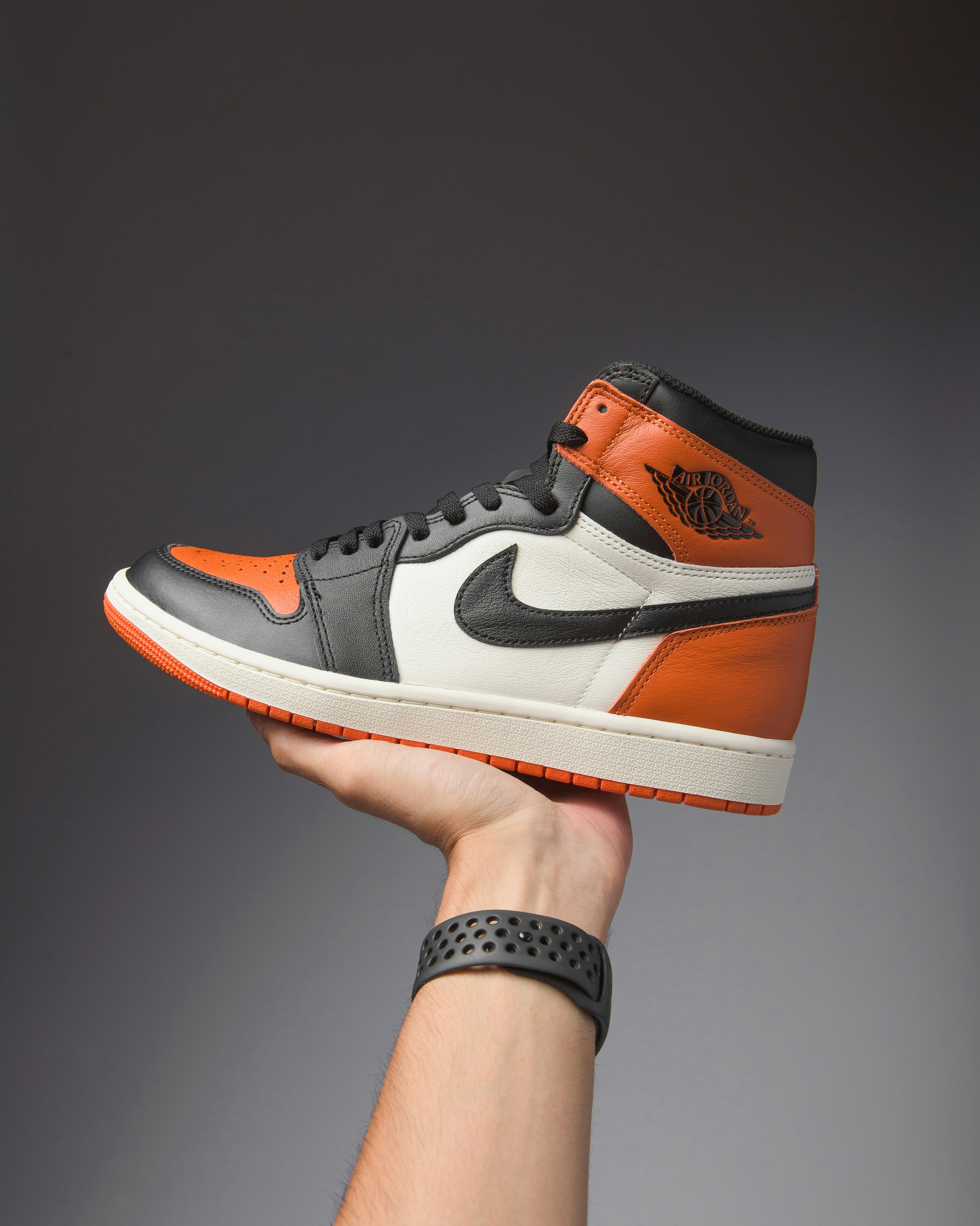 A person is holding an air jordan sneaker.