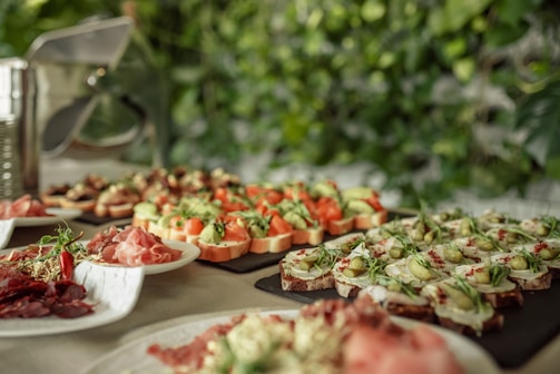 Buffet with delicious looking appetizers and snacks.