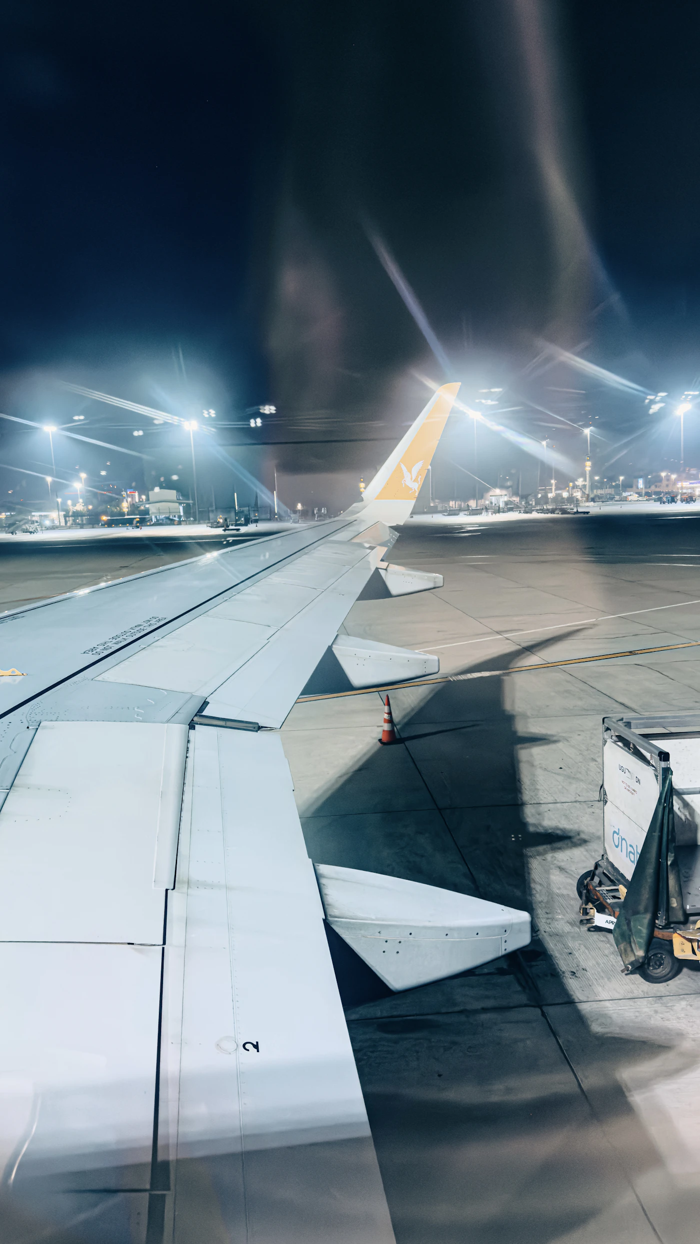An airplane wing on an airport tarmac at night, representing the constrained airlift capacity Minister Bartlett described as running full on every route Jamaica has kept since Hurricane Melissa