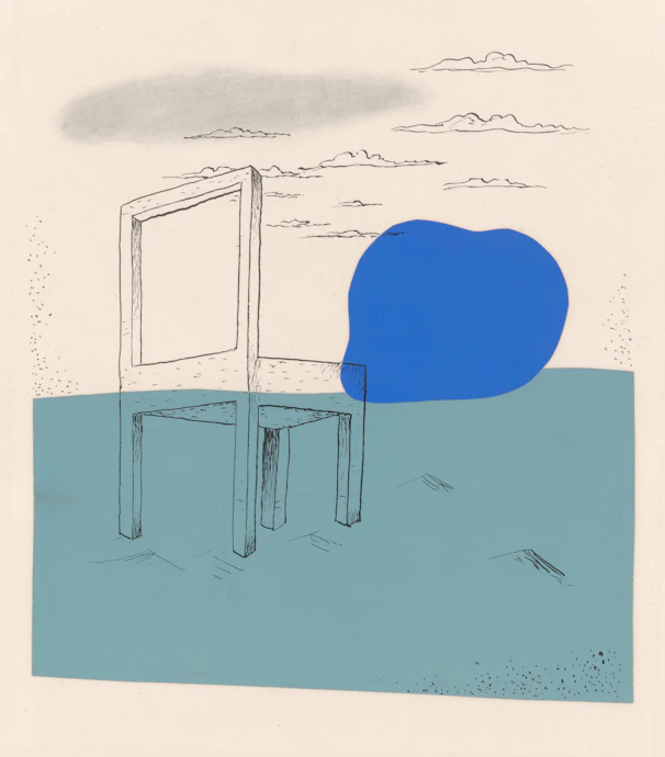An empty chair sits on a blue surface under clouds.