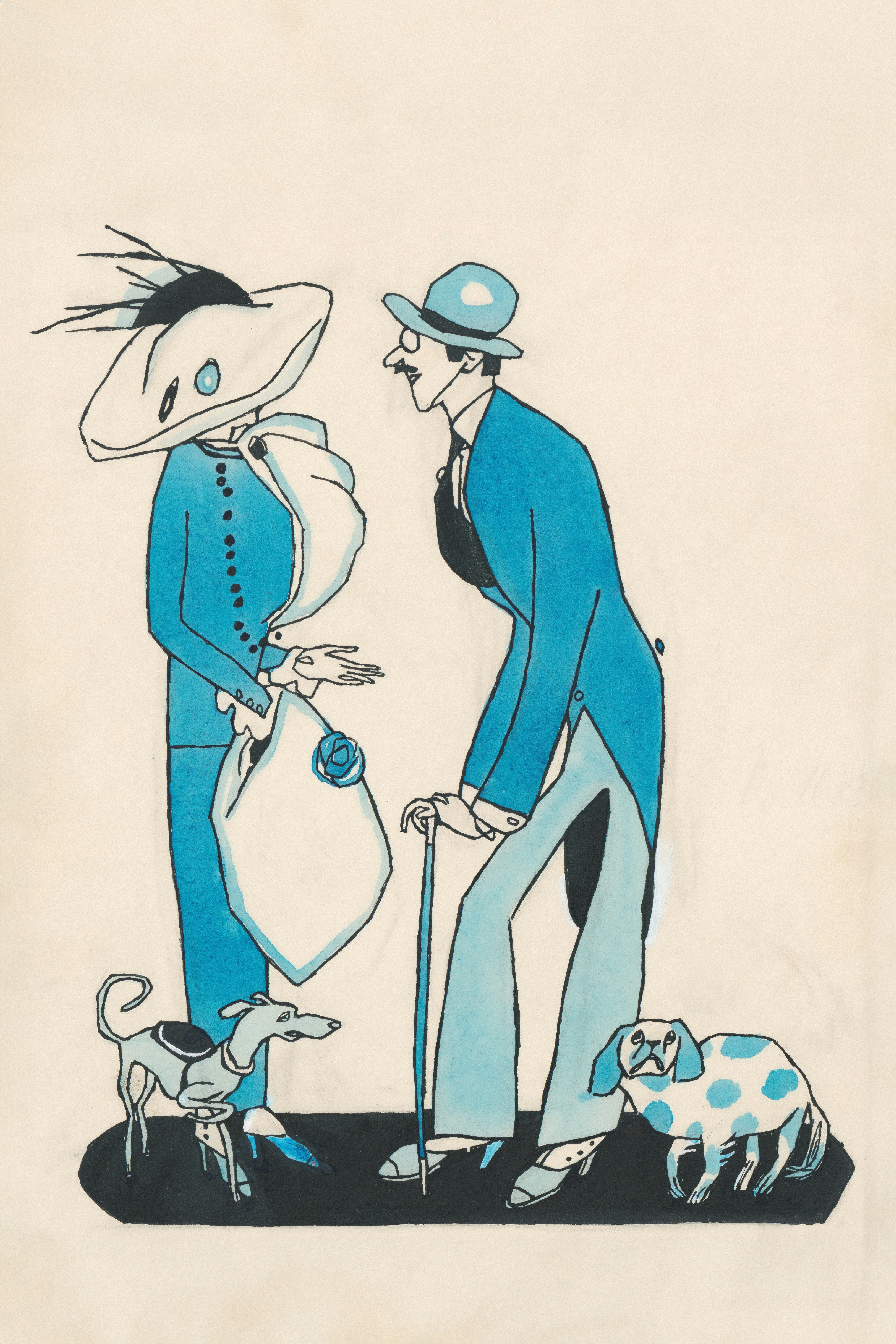 Couple in blue attire with two dogs