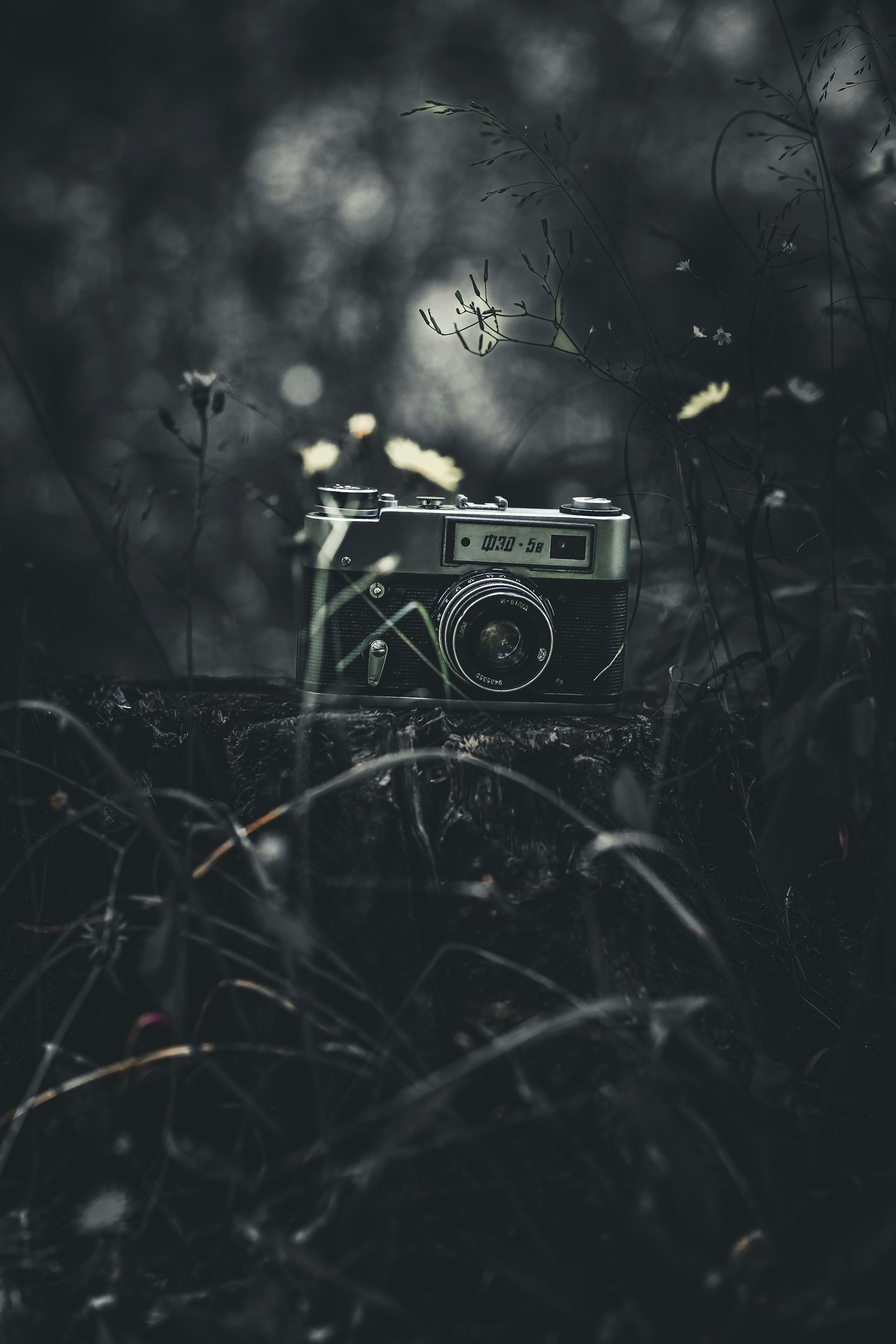 A vintage camera sits in a dark, moody setting.