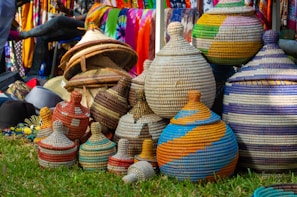 Woven baskets are displayed for sale.