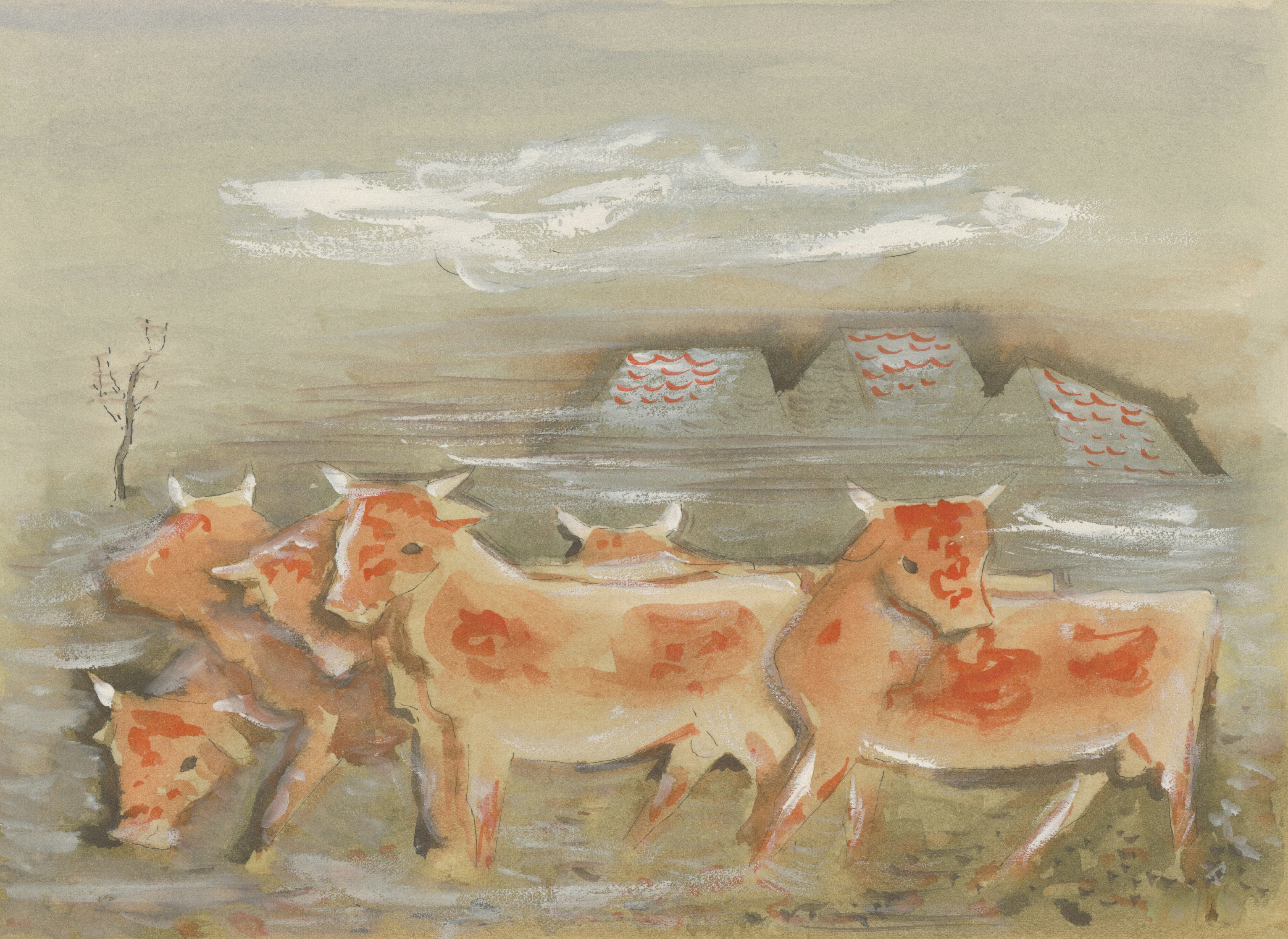 Plusieurs vaches se tiennent dans un champ avec des bâtiments derrière elles.