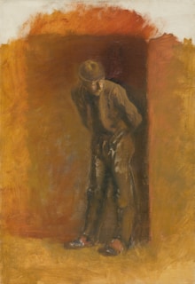 A lone figure stands in a dimly lit, earthy-toned space.