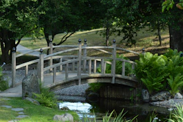 A wooden bridge arches over a serene pond.