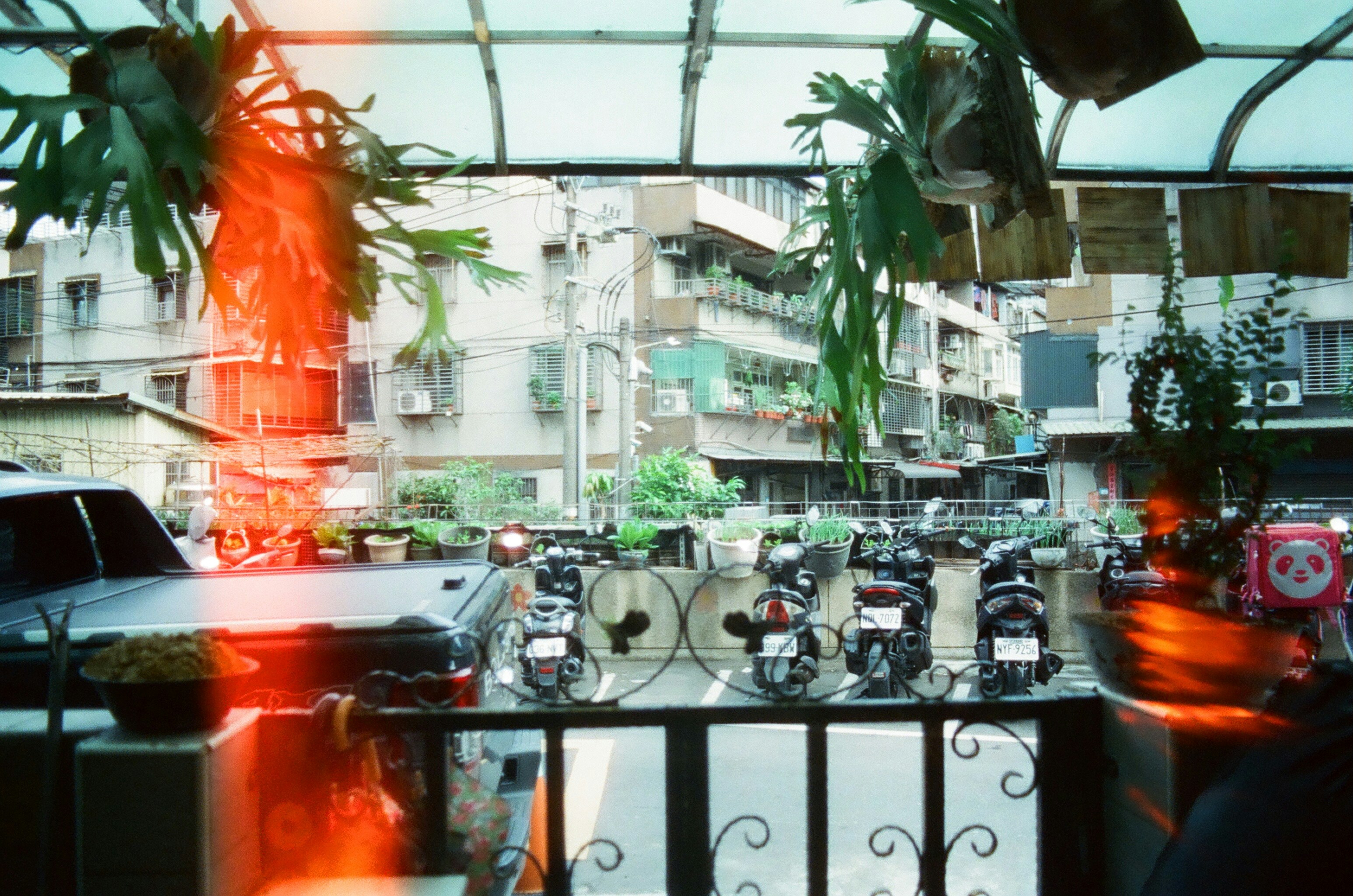 A view of a city street through a window