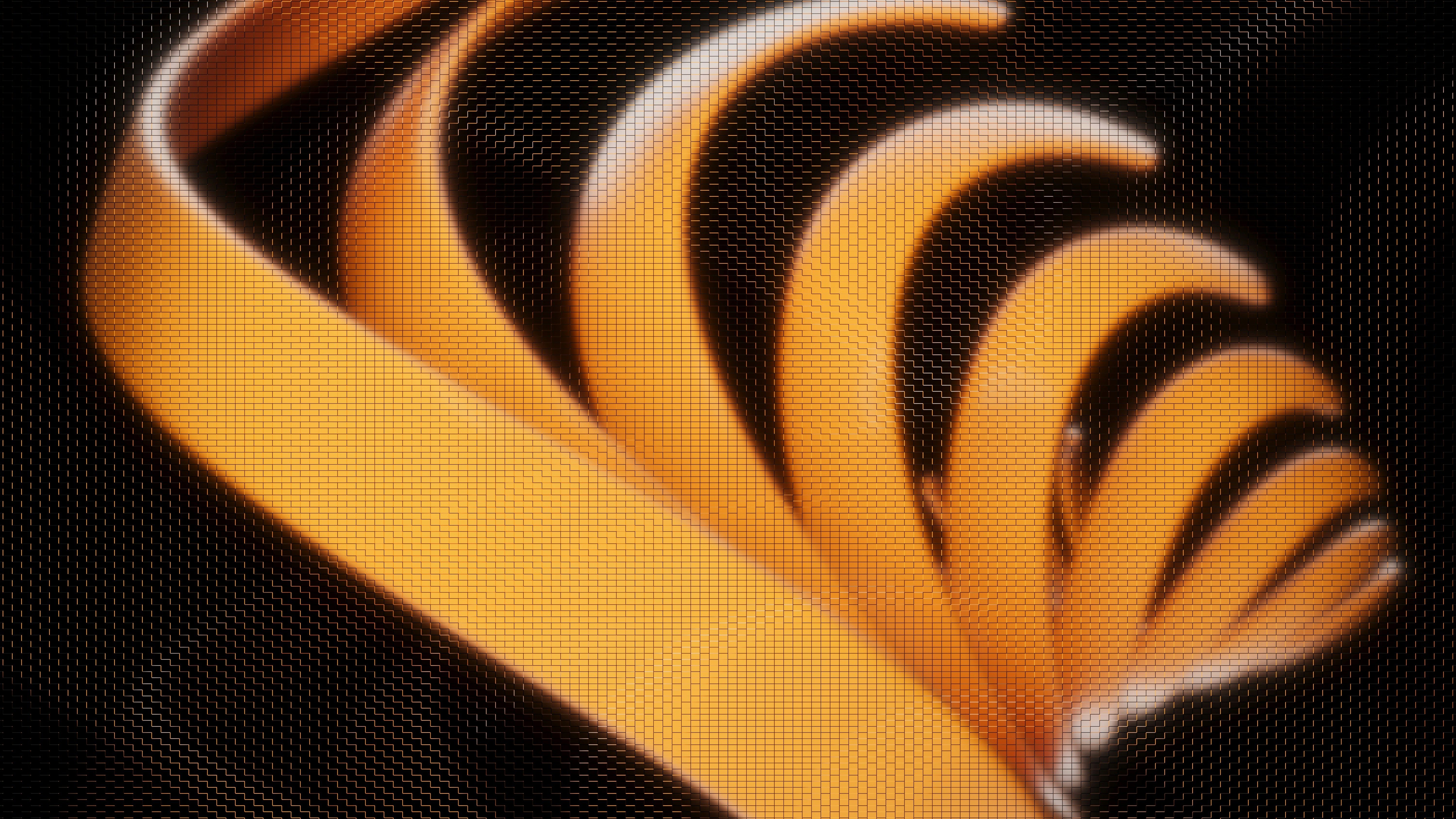 Nastri arancioni curvi su uno sfondo fantasia.