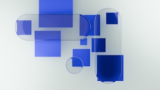 Blue and clear geometric shapes on a white background.