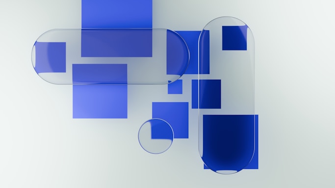 Blue and clear geometric shapes on a white background.