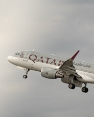 A qatar airways plane takes off into the sky.