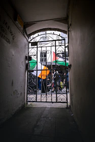 View through a gate and archway with irish flags.