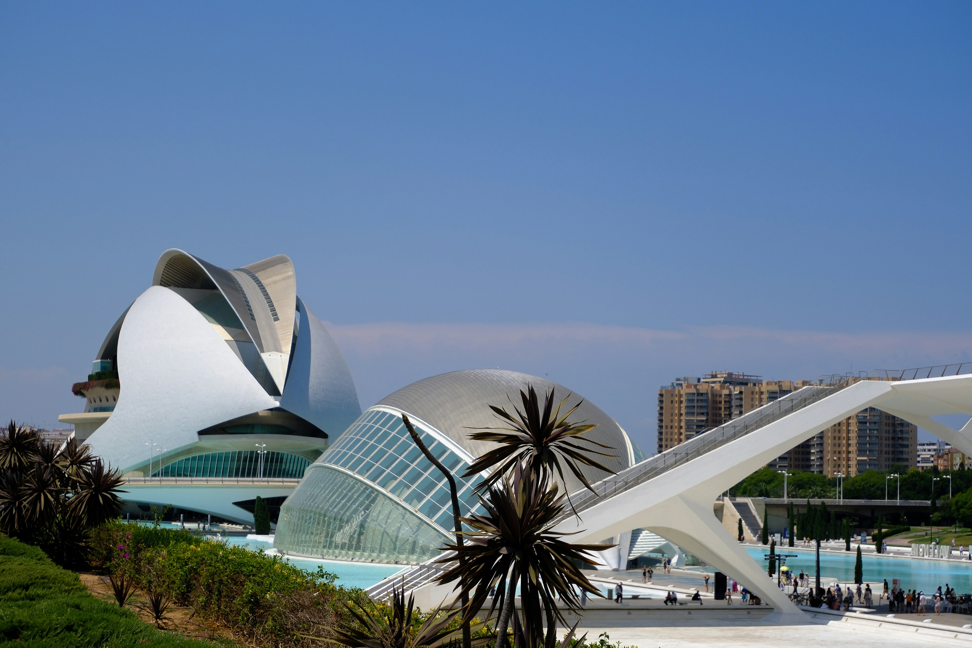 Modern architecture graces a sunny, blue sky.