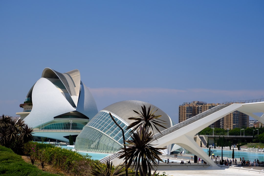 Modern architecture graces a sunny, blue sky.