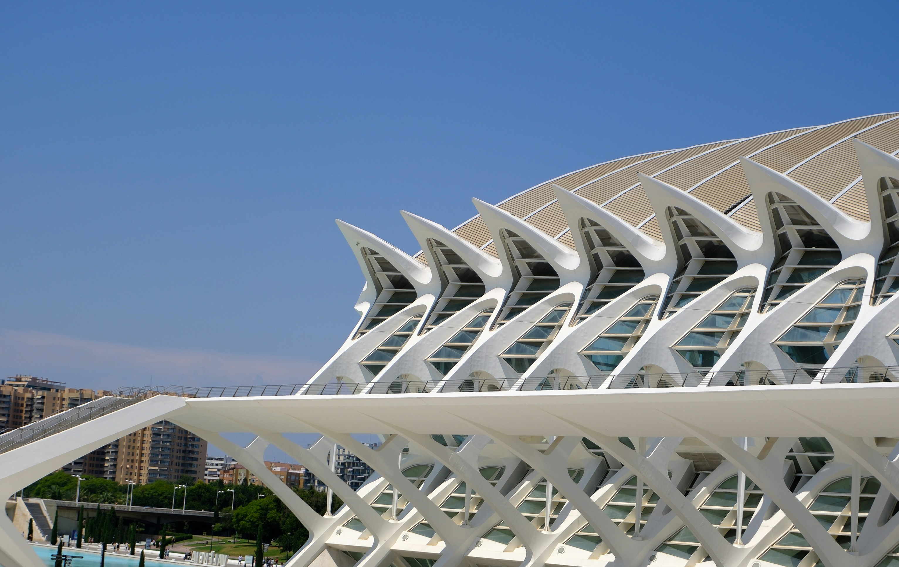 Modern architecture building with a clear blue sky.