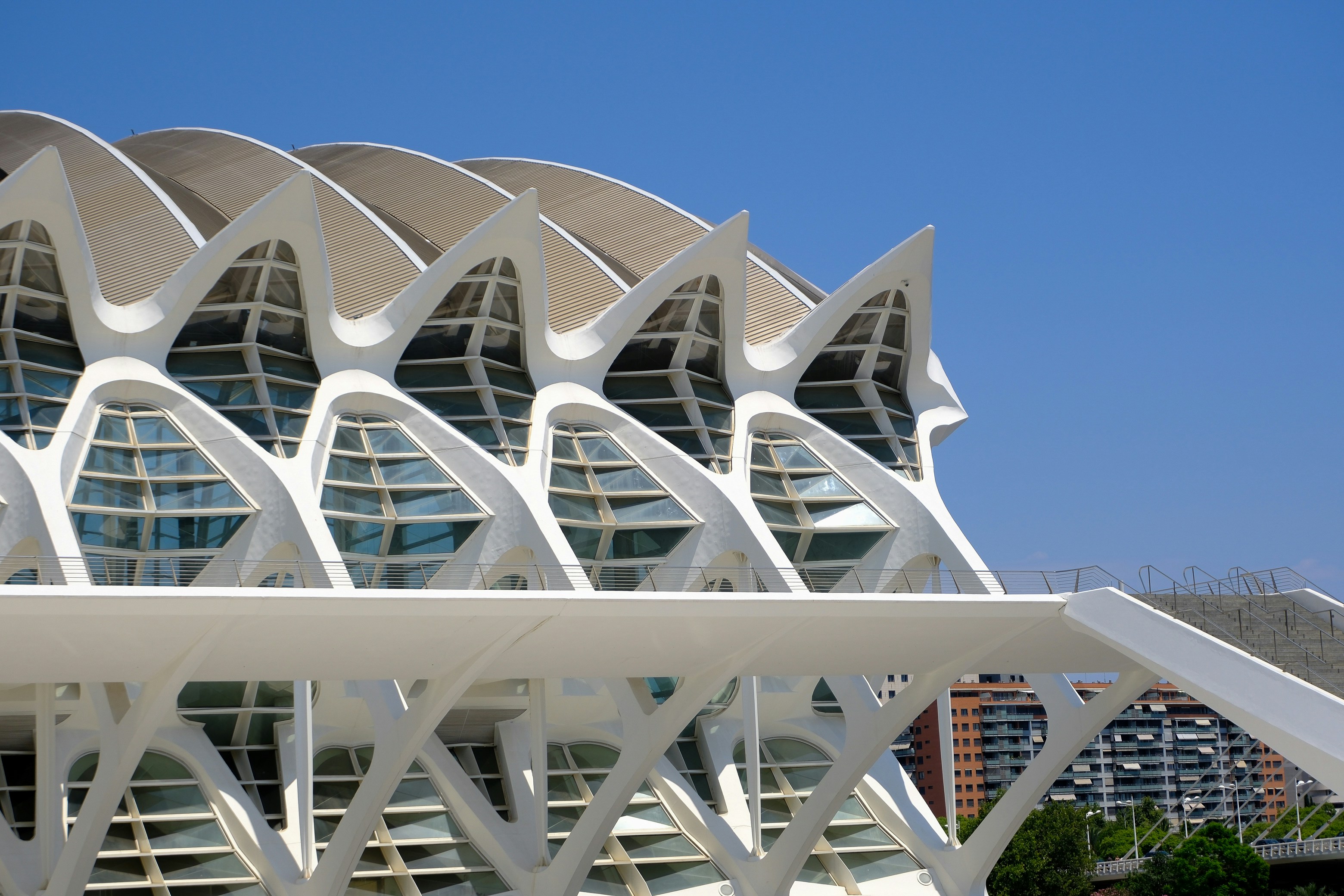 Modern, white architecture against a blue sky.