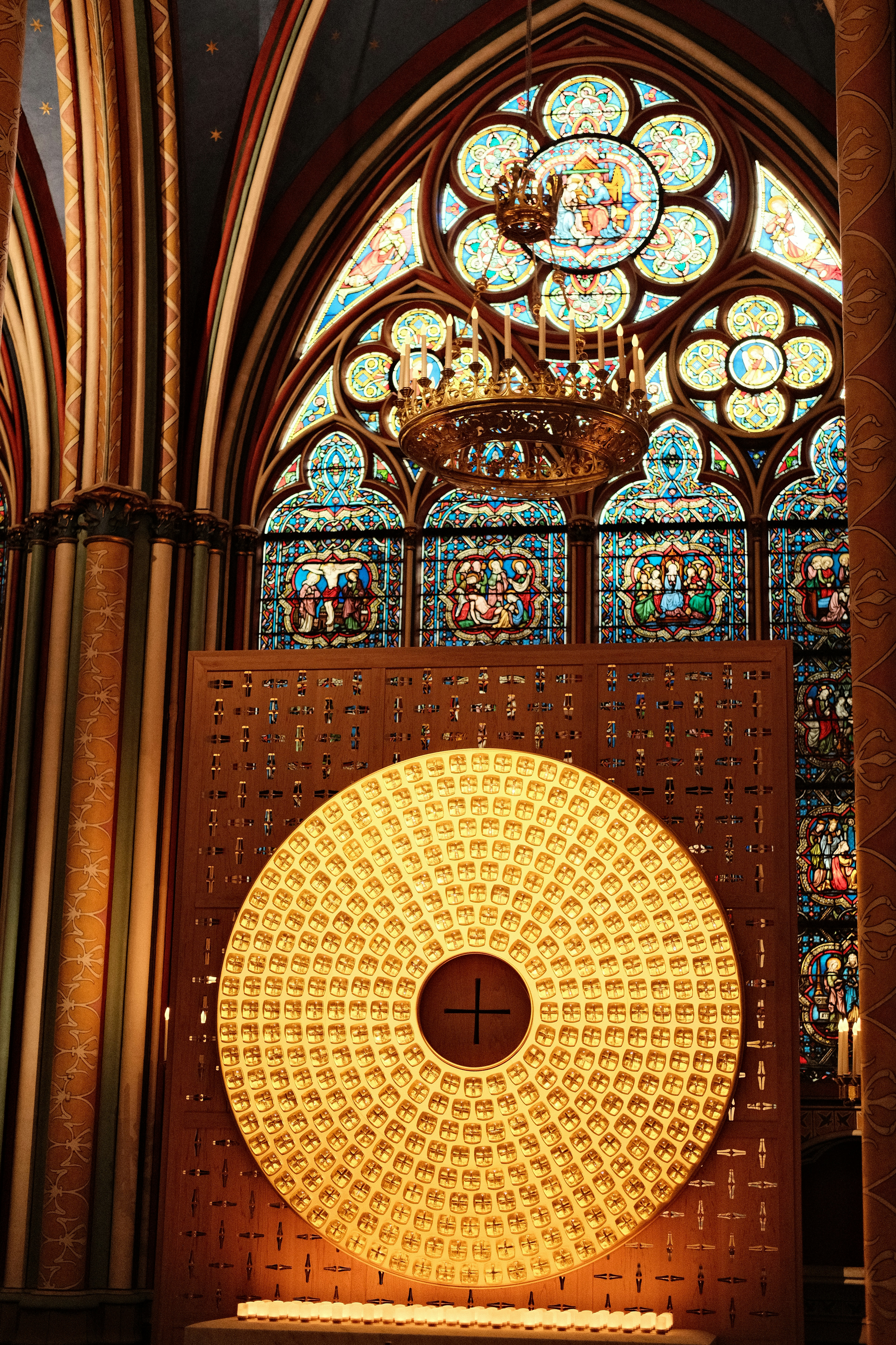 Inside a church, a unique monument is displayed.