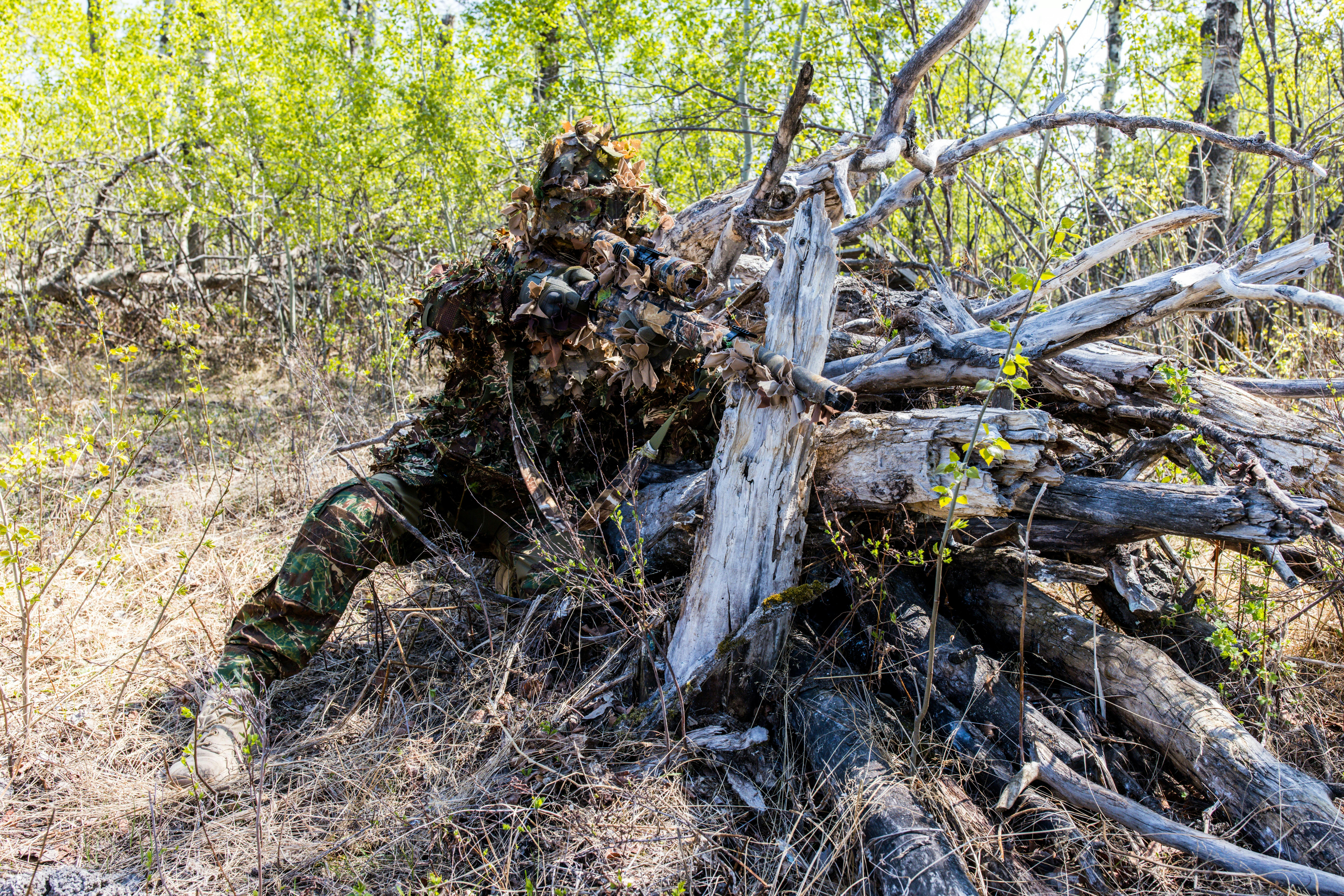A camouflaged person blends with the forest.