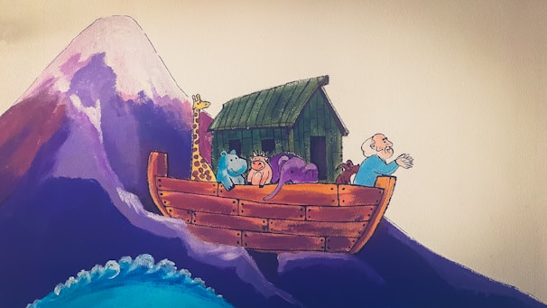 Noah's ark sails the raging, watery waves.