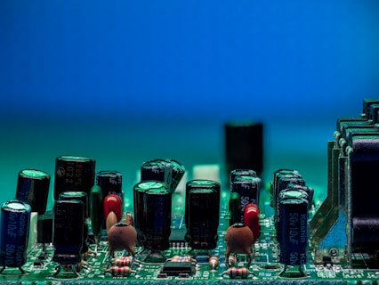 Circuit board filled with electronic components.
