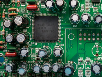 A circuit board filled with electronic components.