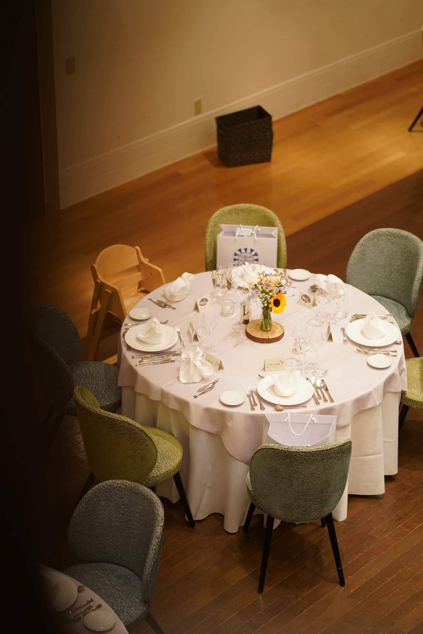 Round table set for dinner