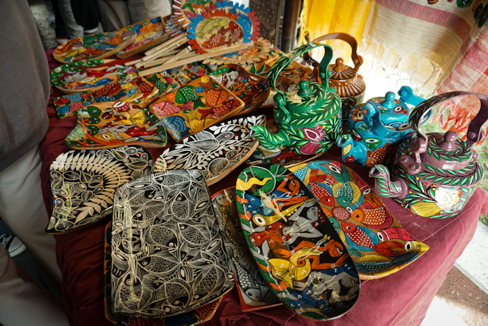 Handmade colourful ceramics displayed for sale
