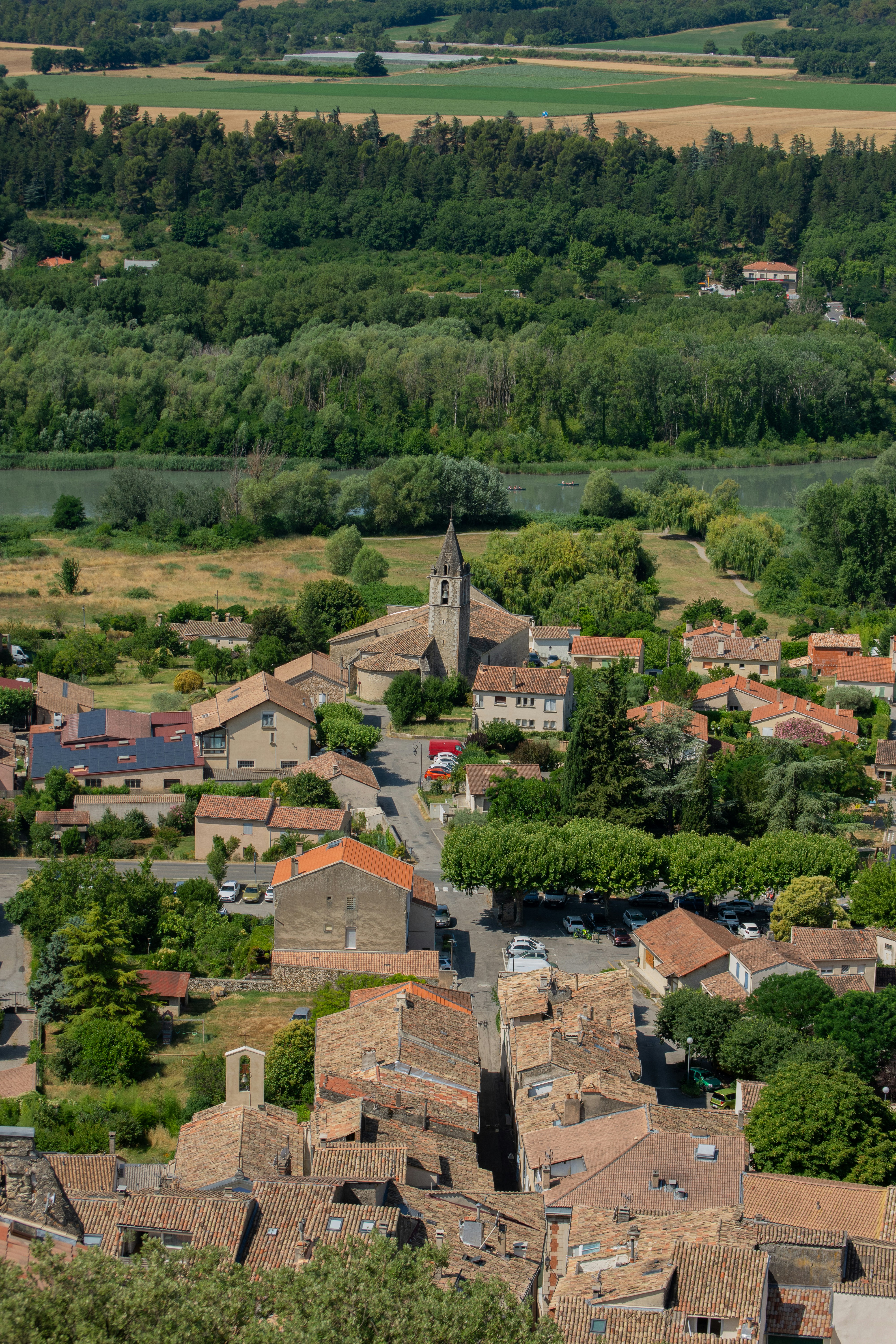 A picturesque village nestled among lush greenery.