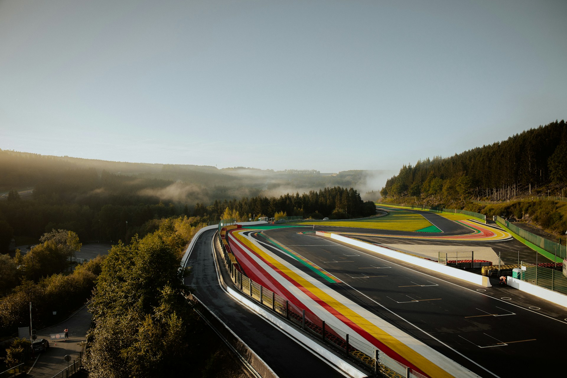 Race track with colorful lines in a scenic area.